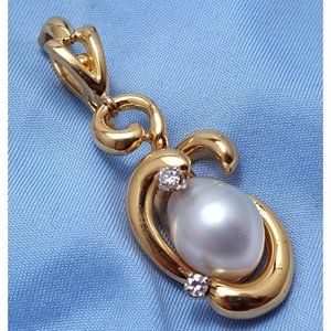 Unique 18K Solid Yellow Gold Designer Pearl & Diamond Drop Dangle Charm Pendant
